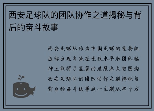 西安足球队的团队协作之道揭秘与背后的奋斗故事